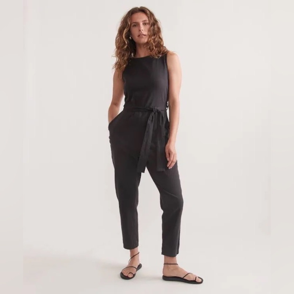 Marine Layer Eloise Belted Jumpsuit Black Pockets Cutout Back Tencel Medium